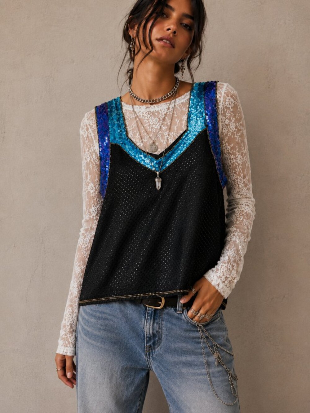 Vintage Sequin & Beaded Color Block Camisole Tank Top Size 1X By Silhouettes